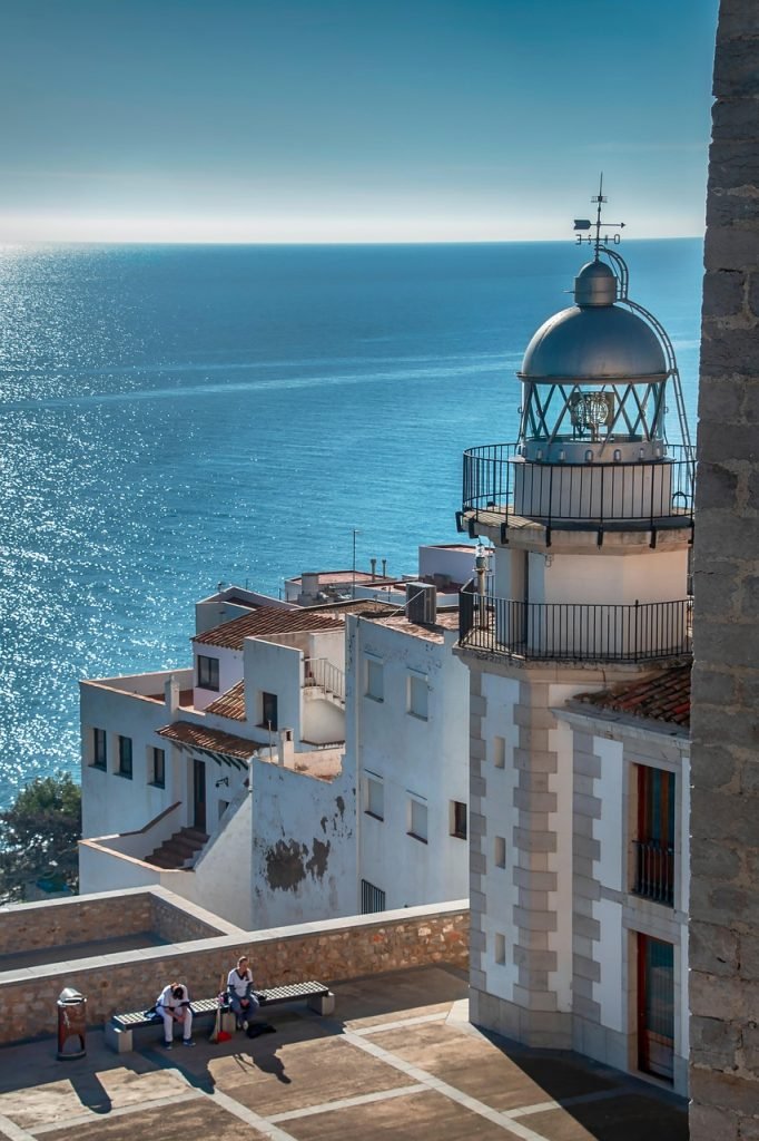 sea, lighthouse, people, peniscola, lighting, sun, holiday, coast, nature, landscape